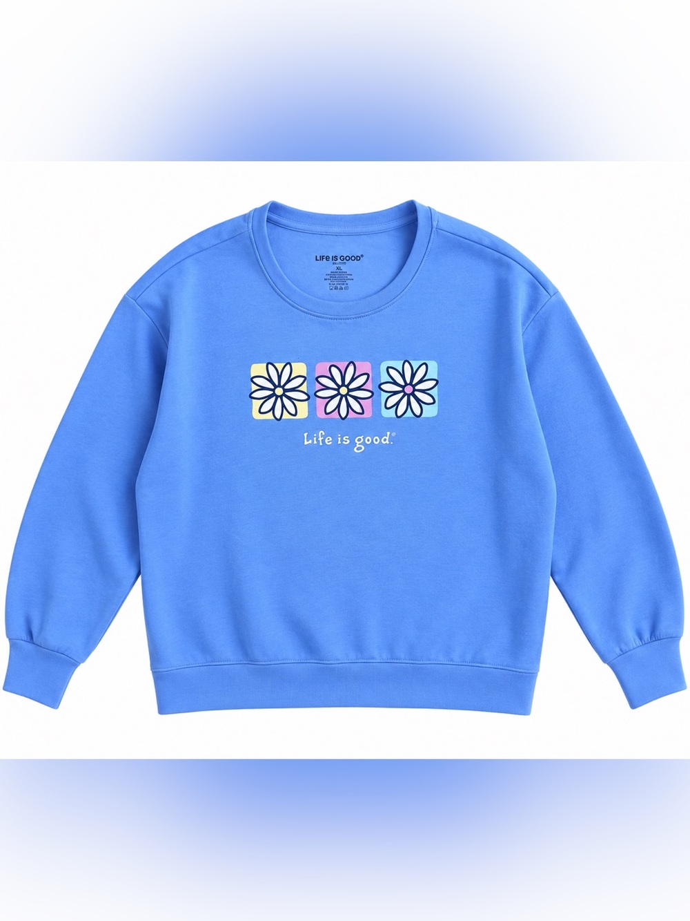 Life Is Good Blue Daisy Square Graphic Crewneck Sweatshirt
